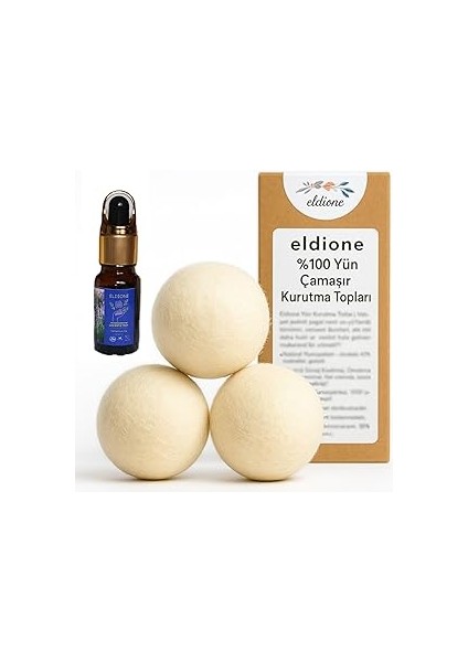 Eldione 3 Adet Yün Kurutma Topu ve Lavanta Uçucu Yağı 10 ML,%100 Merinos Yünü, Kolay Ütü, Çamaşır K