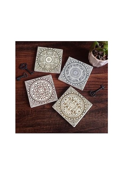 Pinecone Stone Etnik Desen Taş Bardak Altlığı Seti - 4 Parça - Dekoratif, Rustik Mutfak Aksesuarı,