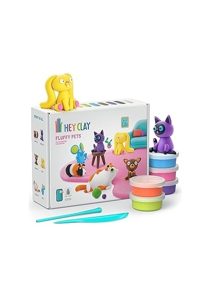 Hey Clay Sevimli Evcil Hayvanlar Seti - Çocuklar Için Hava ile Kuruyan Renkli ve Şekil Alan Kil Hav