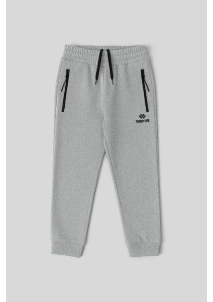 Gri Melanj Fermuarlı Standart Fit İnce Erkek Çocuk Eşofman Alt - 64042