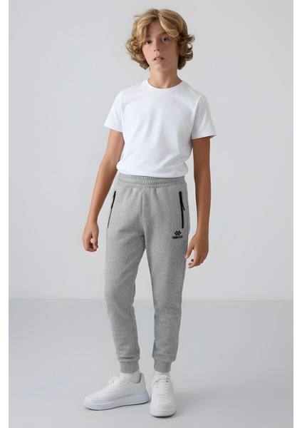 Gri Melanj Fermuarlı Standart Fit İnce Erkek Çocuk Eşofman Alt - 64042