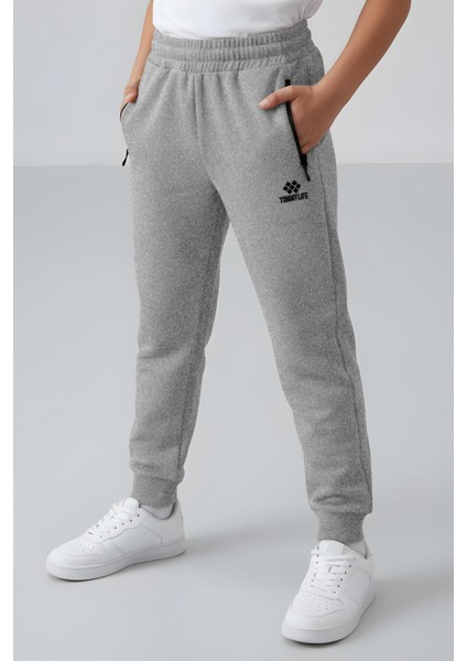 Gri Melanj Fermuarlı Standart Fit İnce Erkek Çocuk Eşofman Alt - 64042