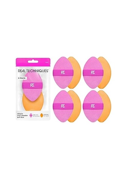 Real Techniques 4 Paket Mucize 2'si 1 Arada Puflar, Çift Taraflı Makyaj Karıştırma Pufu, Tersinir E