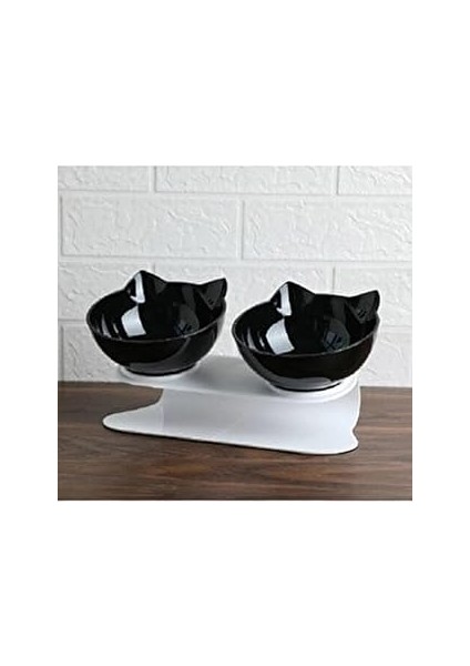 Tineke Standlı Kedi Kafalı Mama Kabı 2 Li Siyah