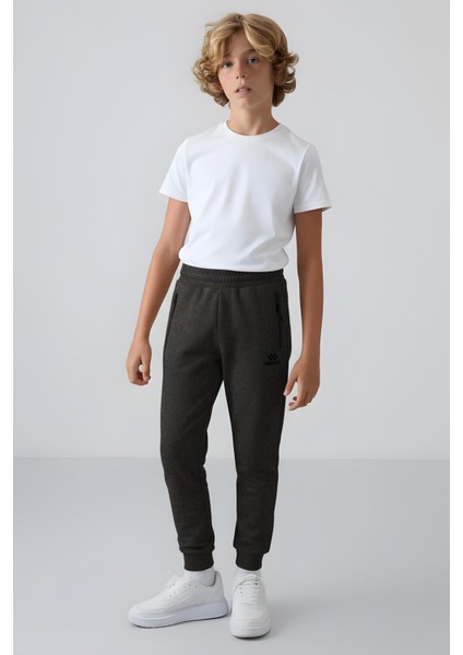 Antrasit Melanj Fermuarlı Standart Fit İnce Erkek Çocuk Eşofman Alt - 64042