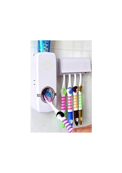 Mobee Otamatik Diş Macunu Sıkacağı ve 5 Adet Diş Fırçalığı Macun Sıkacak Diş Fırçası Banyo Askı Set
