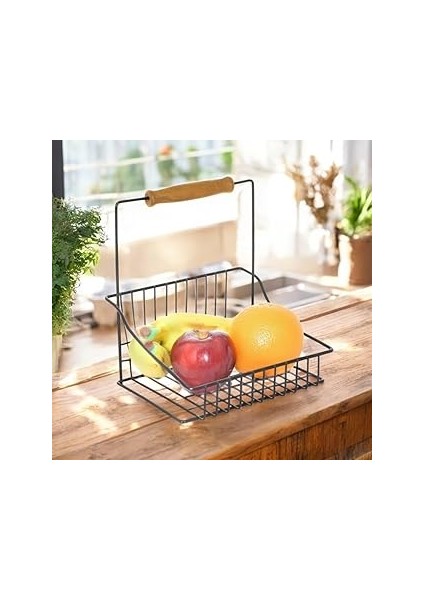 Arsimo Ferforje Tek Sepet, Ahşap Kulplu Mutfak Banyo Salon Ofis Düzenleyici Sepet Organizer S