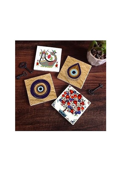 Pinecone Stone Nazar, Şahmeran, Nar Ağacı Taş Bardak Altlığı Seti - 4 Parça - Dekoratif, Rustik Mut