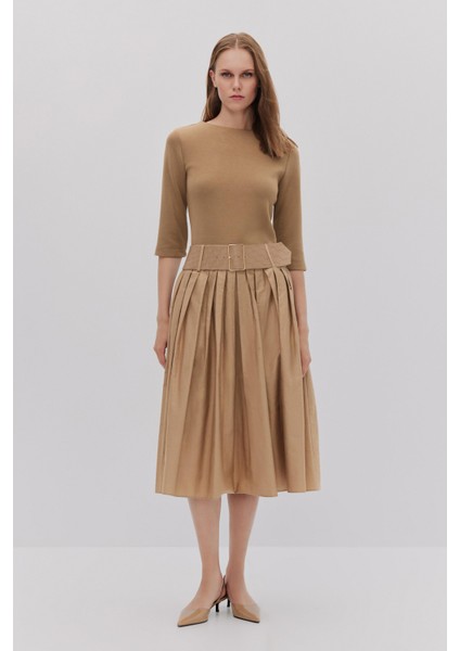 Triko Pamuk Karışımlı Kemerli Elbise