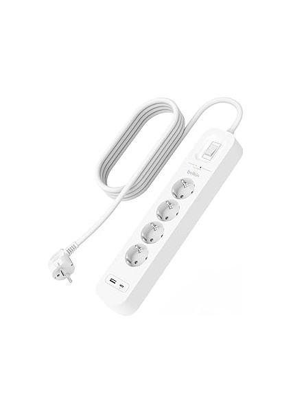Belkin 4'lü Çoklu Priz, Yüksek Gerilim Korumalı, Duvara Montaj, 4 Priz, 2 M Güç Kablosu, Yeşil Işık