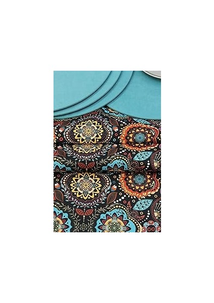 Alaca Renk Karışık Motif Desenli Siyah Arka Plan Dijital Baskılı Runner Amerikan Servis 40X150 cm