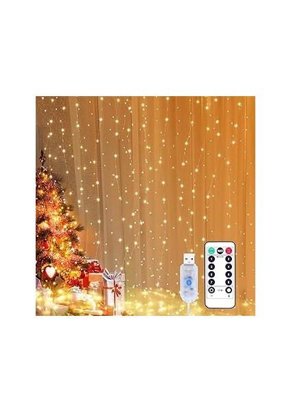 Yizhet Işık Perdesi, 3 x 3 M, LED Işık Zinciri, Perde, 8 Modlu, IP65 Su Geçirmez, Iç ve Dış Mekan D