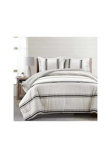 Lush Çiftlik Evi Çizgili Çift Taraflı Büyük Boy 3 Parça Pamuklu Yorgan Seti, California King,