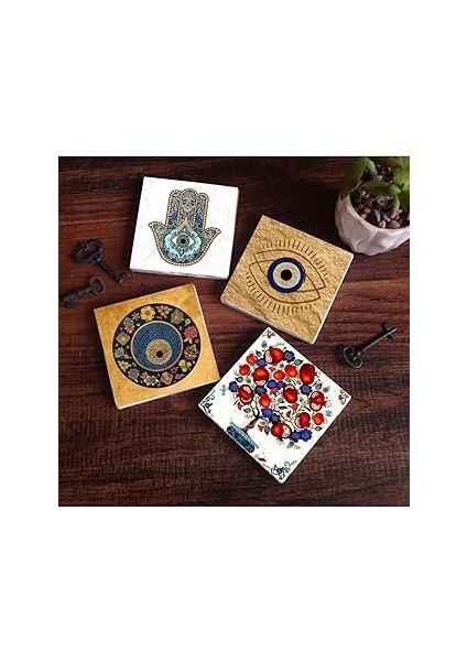 Pinecone Stone Nazar, Nar Ağacı, Fatma Ana Eli (Hamsa) Taş Bardak Altlığı Seti - 4 Parça - Dekorati