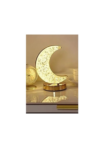Ay Kristal Elmas Masa Lambası - 3 Renkli Dokunmatik Akrilik LED Romantik Gece Lambası Şarjlı