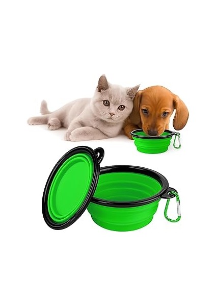 Kanji Katlanabilir Silikon Mama ve Su Kabı – 350 ml - Yeşil, Askı Aparatlı, Taşınabilir, Katlanabil