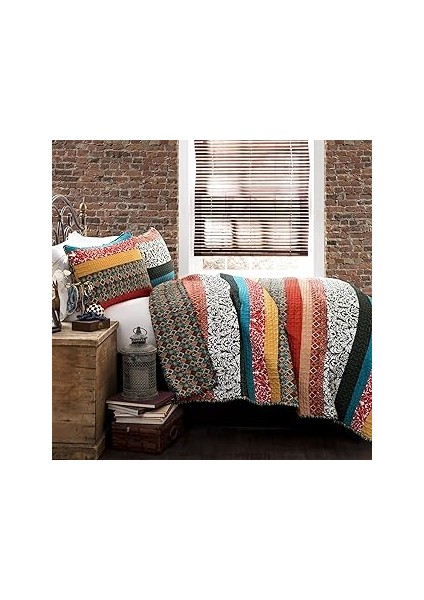 Lush Boho Çizgili Yorgan Ters Çevrilebilir 3 Parça Bohem Tasarım Yatak Seti - - Turkuaz