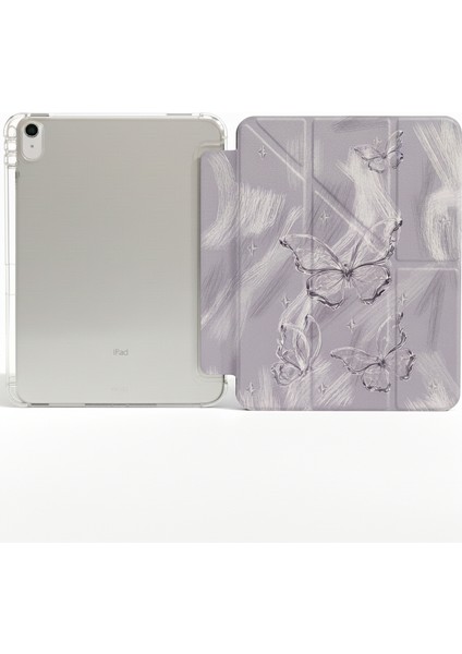 iPad 11 A16 2025 10. Nesil 10.9 Kılıf Açık Mor Zemin Sanatsal Kelebek Desenli Kalem Bölmeli Şeffaf Arka Akıllı Kapak fiyatları