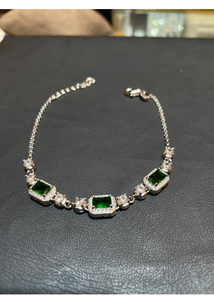 Ithal Yeşil Taşlı Üçlü Baget Kadın Gümüş Bileklik