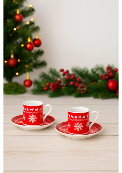 2 Kişilik Porselen Yılbaşı Desenli Kahve Fincan Takımı Seti Hediyelik 90ML