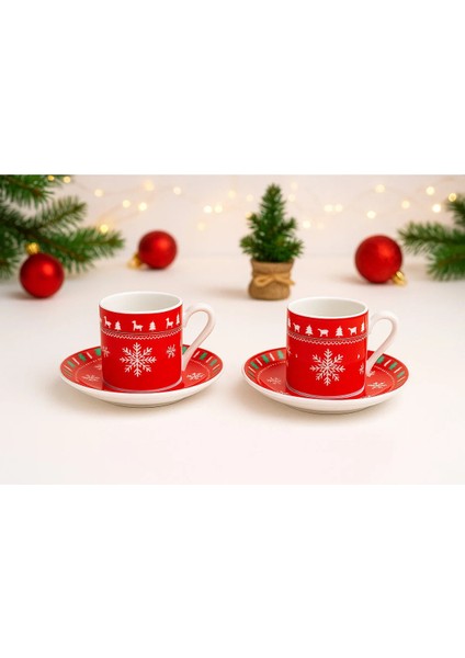 2 Kişilik Porselen Yılbaşı Desenli Kahve Fincan Takımı Seti Hediyelik 90ML fiyatları