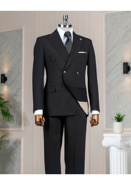 Italyan Stil Kruvaze Ceket Pantolon Takım Elbise Siyah T14087