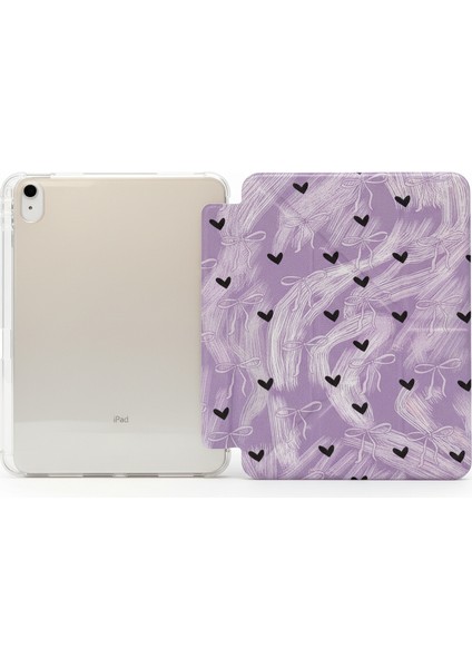 iPad 11 A16 2025 10. Nesil 10.9 Kılıf Lila Renkli Beyaz Fiyonk Siyah Kalp Desenli Kalem Bölme Şeffaf Arka Akıllı Kapak fiyatları