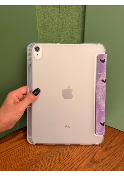iPad 11 A16 2025 10. Nesil 10.9 Kılıf Lila Renkli Beyaz Fiyonk Siyah Kalp Desenli Kalem Bölme Şeffaf Arka Akıllı Kapak fırsatları