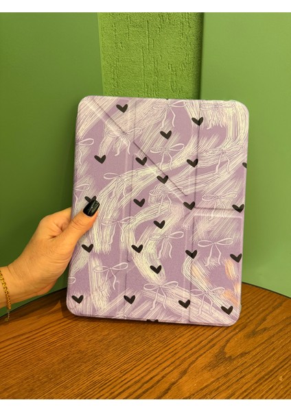 iPad 11 A16 2025 10. Nesil 10.9 Kılıf Lila Renkli Beyaz Fiyonk Siyah Kalp Desenli Kalem Bölme Şeffaf Arka Akıllı Kapak indirimleri