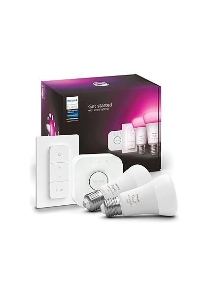 Hue Akıllı Aydınlatma LED Ampul Başlangıç Kiti, 2'li E27 Ampul , Köprü ve Dimmer Set, Beyaz