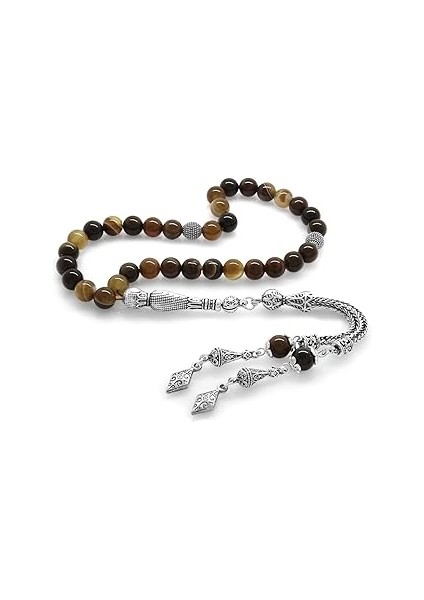 (Tesbihane) Kararmaz Metal Püsküllü Küre Kesim Madagaskar Akik Doğaltaş Tesbih