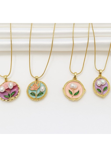 Pembe Mineli Inci Çiçekli Işlemeli Kadın Kolye modelleri