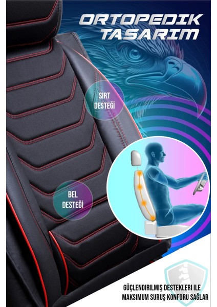 Fiat 500X Uyumlu Yarı Deri Oto Koltuk Kılıfı 5li Set Alya Seri Siyah-Kırmızı