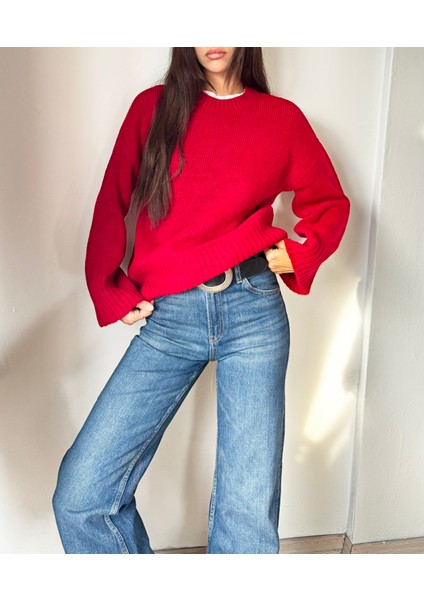 Kadın Bisiklet Yaka Oversize Triko Kazak Kırmızı