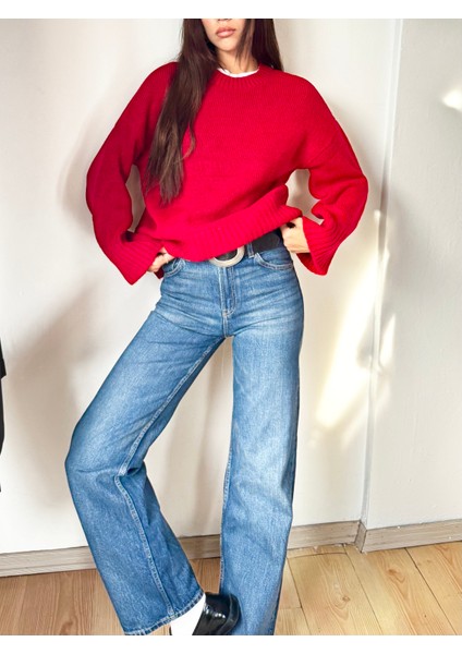 Kadın Bisiklet Yaka Oversize Triko Kazak Kırmızı fiyatları