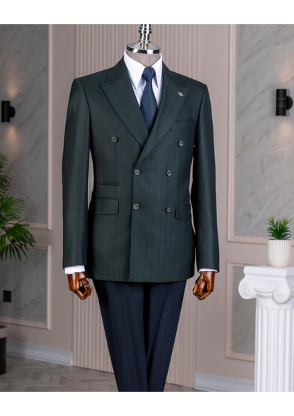 Italyan Stil Slim Fit Kruvaze Ceket Pantolon Kombin Takım Elbise Yeşil T14663