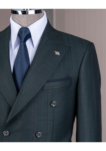 Italyan Stil Slim Fit Kruvaze Ceket Pantolon Kombin Takım Elbise Yeşil T14663 modelleri