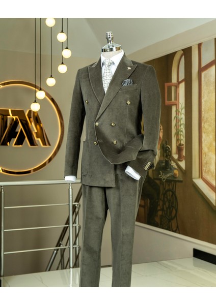 Italyan Stil Slim Fit Kruvaze Kadife Ceket Pantolon Takım Elbise Haki T14974