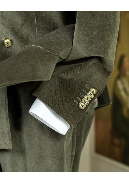 Italyan Stil Slim Fit Kruvaze Kadife Ceket Pantolon Takım Elbise Haki T14974 modelleri