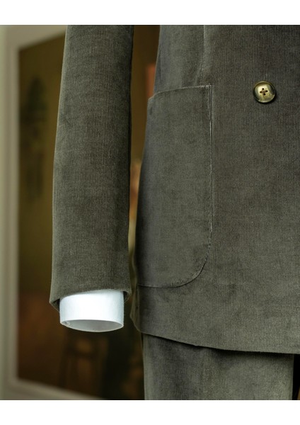 Italyan Stil Slim Fit Kruvaze Kadife Ceket Pantolon Takım Elbise Haki T14974 fırsatları