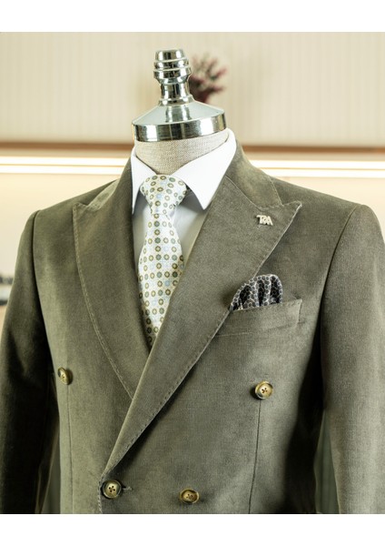 Italyan Stil Slim Fit Kruvaze Kadife Ceket Pantolon Takım Elbise Haki T14974 indirimleri