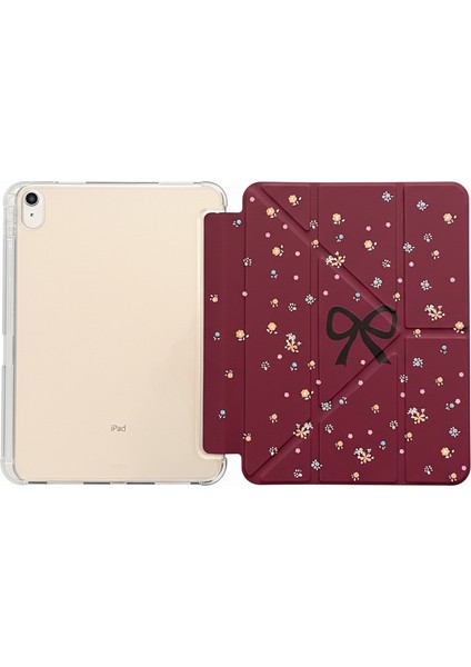 iPad 11 A16 2025 10. Nesil 10.9 Kılıf Bordo Renkli Çiçek Siyah Fiyonk Desenli Kalem Bölmeli Şeffaf Arka Akıllı Kapak