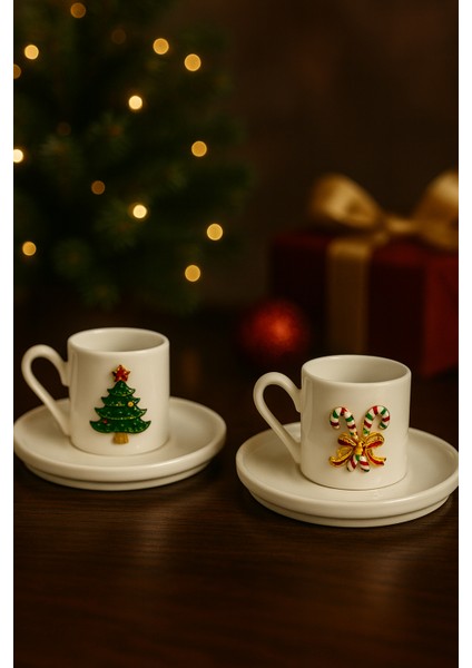 2 Kişilik Porselen Yılbaşı Metal Figürlü Kahve Fincan Takımı Seti Hediyelik 90ML