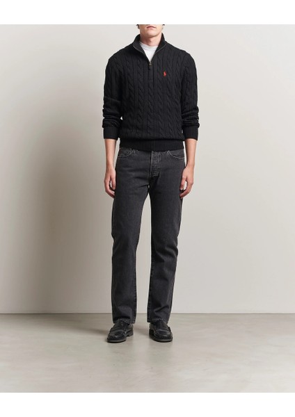 Erkek Örgü Dokulu Siyah Yarım Fermuar Triko Kazak modelleri