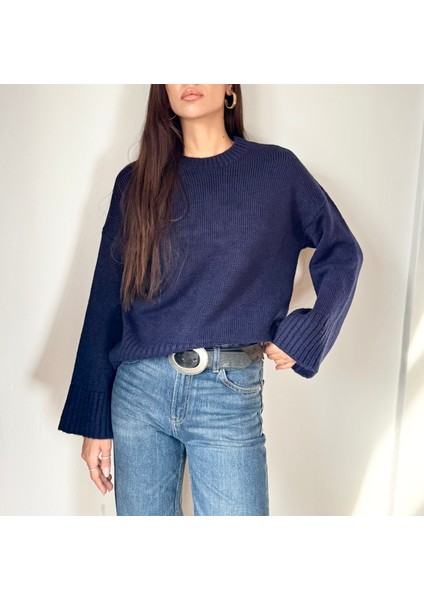 Kadın Bisiklet Yaka Oversize Triko Kazak Lacivert