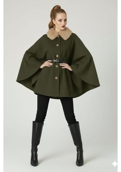 Kadın Yakası Kürklü Düğme Detaylı Beli Kemerli Panço Kaşe Kaban