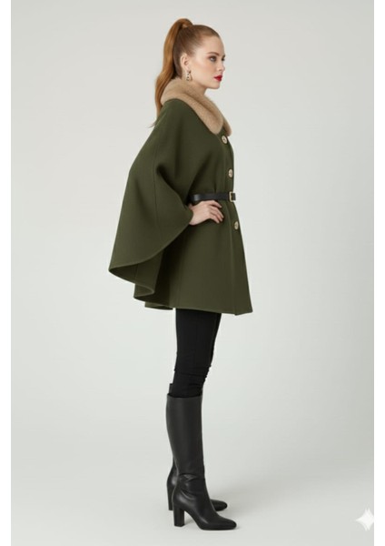 Kadın Yakası Kürklü Düğme Detaylı Beli Kemerli Panço Kaşe Kaban modelleri