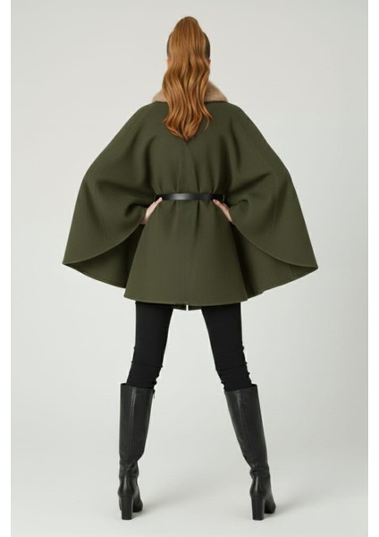 Kadın Yakası Kürklü Düğme Detaylı Beli Kemerli Panço Kaşe Kaban fırsatları