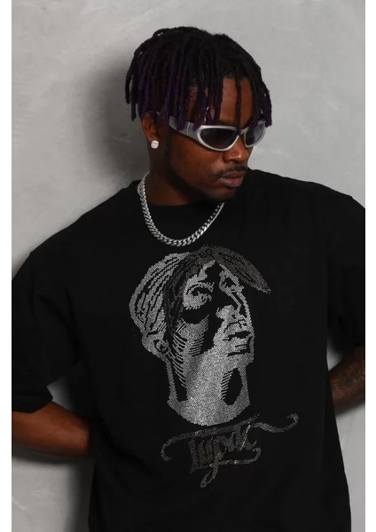 Unisex Oversize Taşlı Bisiklet Yaka T-Shirt - Siyah