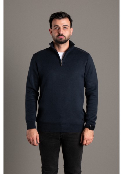 Erkek Lacivert Fermuarlı Dik Yaka Triko